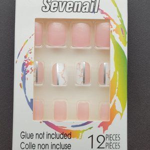 Short pink, white, and silver designed press on nails
